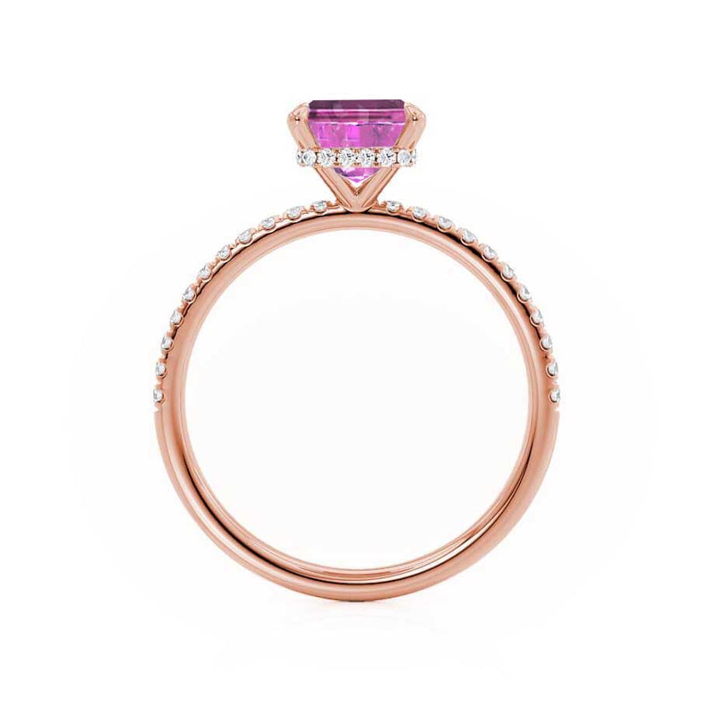 LIVELY - Chatham® Emerald Pink Sapphire & Diamond 18k Rose Gold Petite Hidden Halo Pavé Shoulder Set Ring