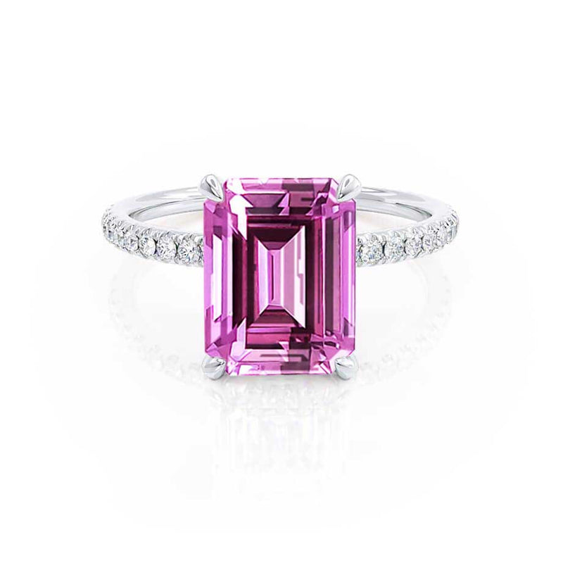 LIVELY - Chatham® Emerald Pink Sapphire & Diamond Platinum Petite Hidden Halo Pavé Shoulder Set Ring