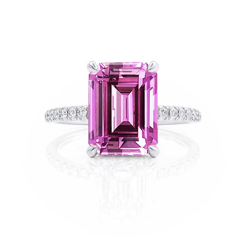 LIVELY - Chatham® Emerald Pink Sapphire & Diamond Platinum Petite Hidden Halo Pavé Shoulder Set Ring