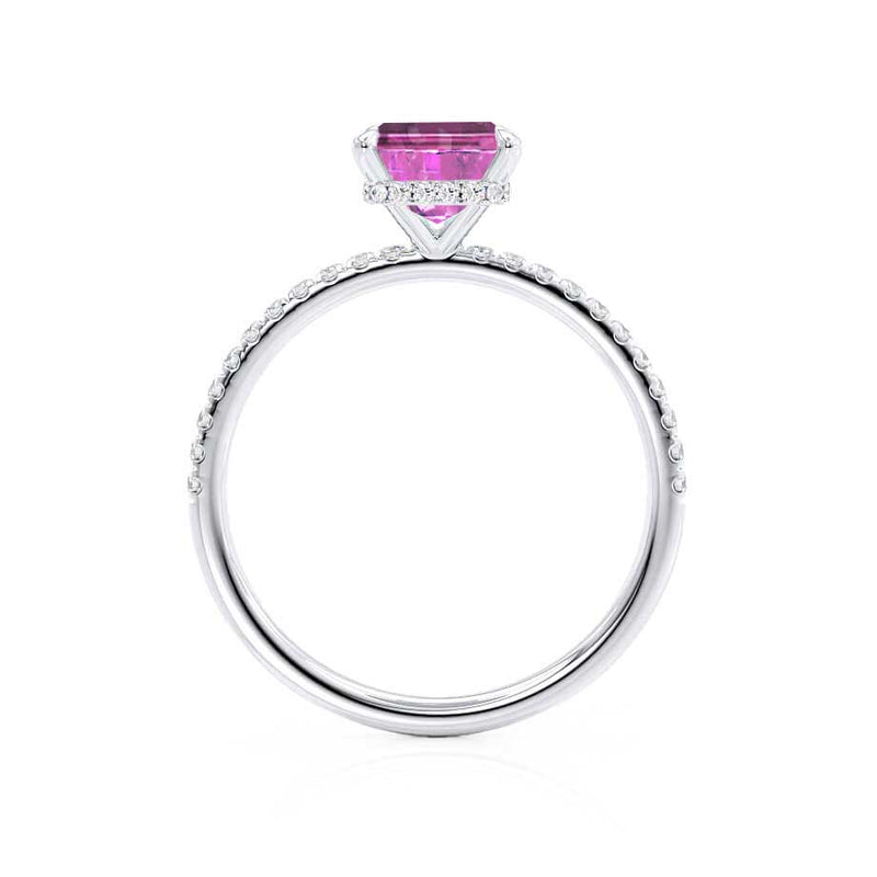 LIVELY - Chatham® Emerald Pink Sapphire & Diamond Platinum Petite Hidden Halo Pavé Shoulder Set Ring