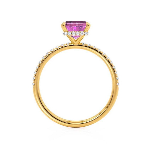 LIVELY - Chatham® Emerald Pink Sapphire & Diamond 18k Yellow Gold Petite Hidden Halo Pavé Shoulder Set Ring