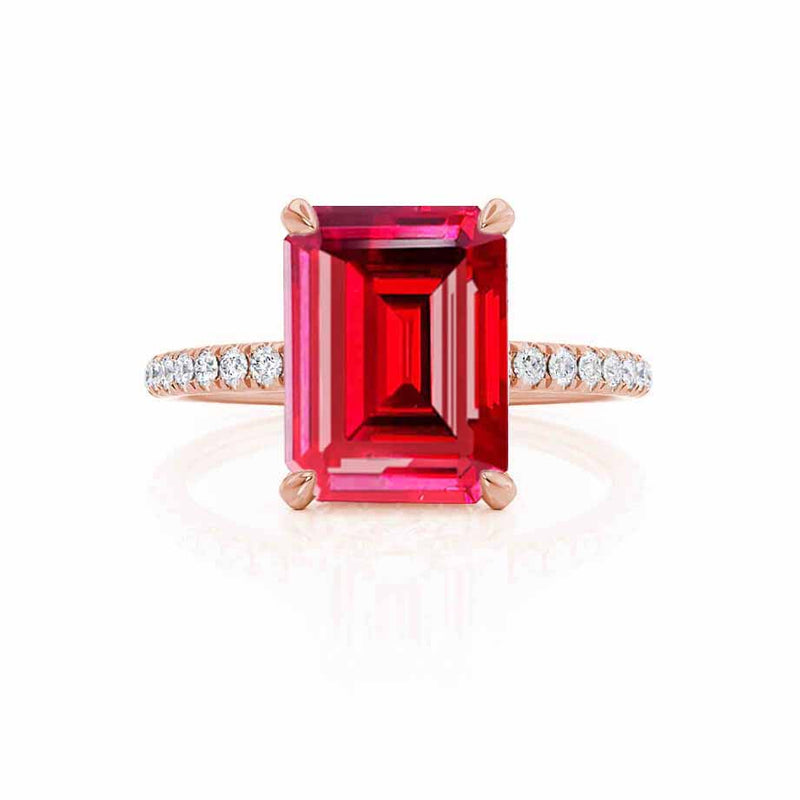 LIVELY - Chatham® Emerald Ruby & Diamond 18k Rose Gold Petite Hidden Halo Pavé Shoulder Set Ring