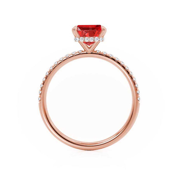 LIVELY - Chatham® Emerald Ruby & Diamond 18k Rose Gold Petite Hidden Halo Pavé Shoulder Set Ring