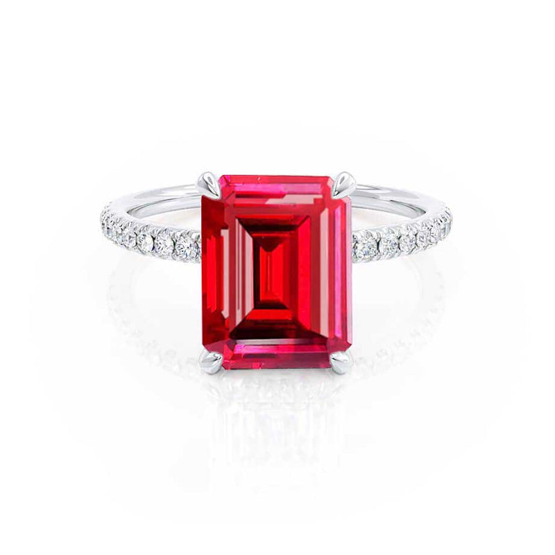 LIVELY - Chatham® Emerald Ruby & Diamond 18k White Gold Petite Hidden Halo Pavé Shoulder Set Ring