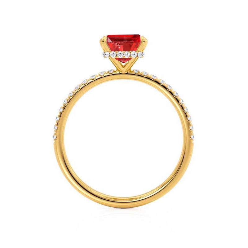 LIVELY - Chatham® Emerald Ruby & Diamond 18k Yellow Gold Petite Hidden Halo Pavé Shoulder Set Ring