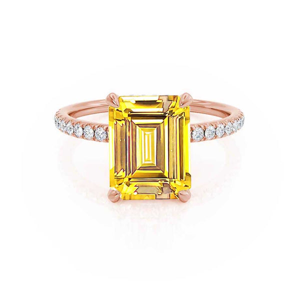 LIVELY - Chatham® Emerald Yellow Sapphire & Diamond 18k Rose Gold Petite Hidden Halo Pavé Shoulder Set Ring