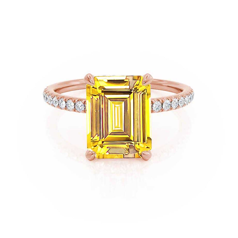 LIVELY - Chatham® Emerald Yellow Sapphire & Diamond 18k Rose Gold Petite Hidden Halo Pavé Shoulder Set Ring