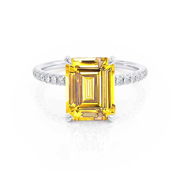 LIVELY - Chatham® Emerald Yellow Sapphire & Diamond Platinum Petite Hidden Halo Pavé Shoulder Set Ring