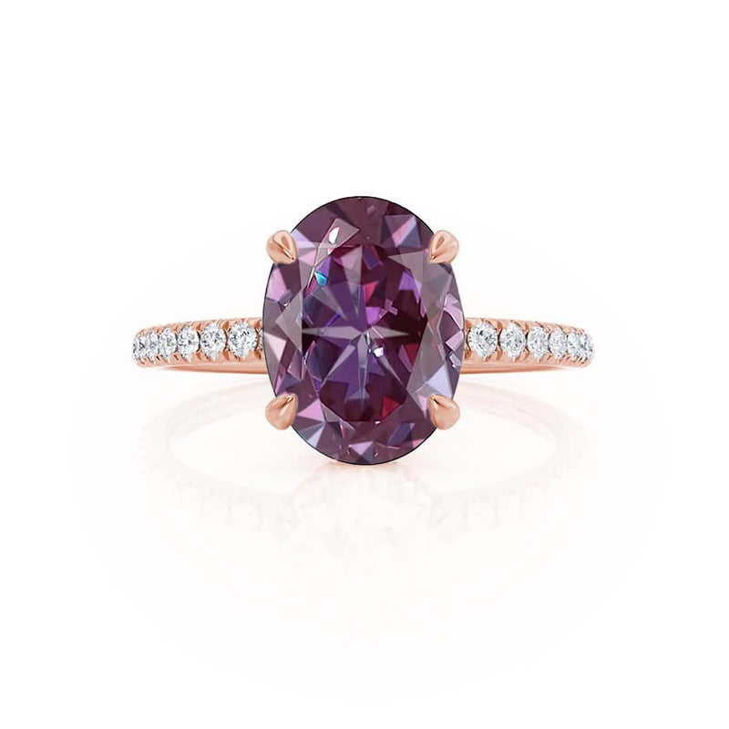 LIVELY - Chatham® Oval Alexandrite 18k Rose Gold Petite Hidden Halo Pavé Shoulder Set Ring