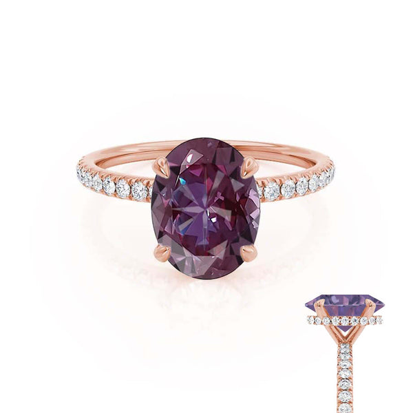 LIVELY - Chatham® Oval Alexandrite 18k Rose Gold Petite Hidden Halo Pavé Shoulder Set Ring