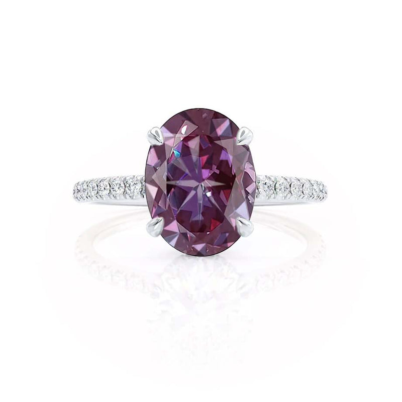 LIVELY - Chatham® Oval Alexandrite 18k White Gold Petite Hidden Halo Pavé Shoulder Set Ring