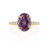 LIVELY - Chatham® Oval Alexandrite 18k Yellow Gold Petite Hidden Halo Pavé Shoulder Set Ring