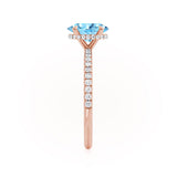 LIVELY - Chatham® Oval Aqua Spinel 18k Rose Gold Petite Hidden Halo Pavé Shoulder Set Ring