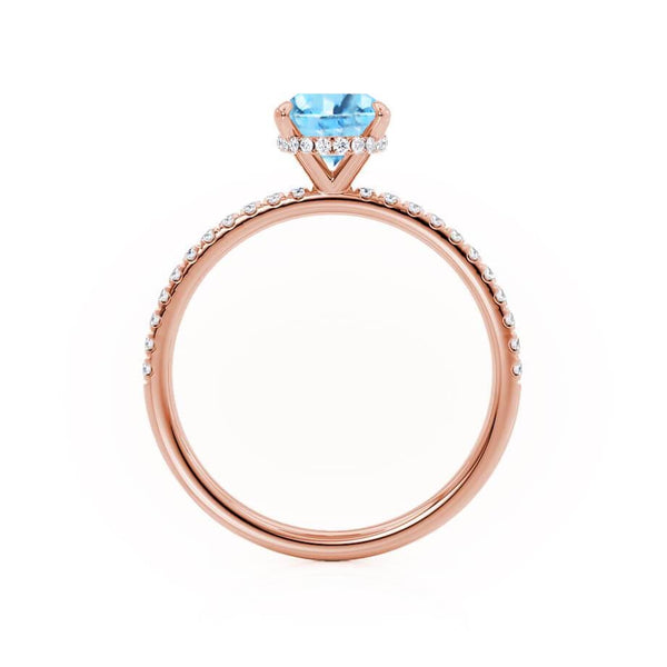 LIVELY - Chatham® Oval Aqua Spinel 18k Rose Gold Petite Hidden Halo Pavé Shoulder Set Ring