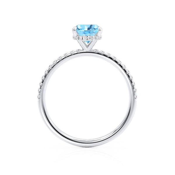 LIVELY - Chatham® Oval Aqua Spinel 18k White Gold Petite Hidden Halo Pavé Shoulder Set Ring