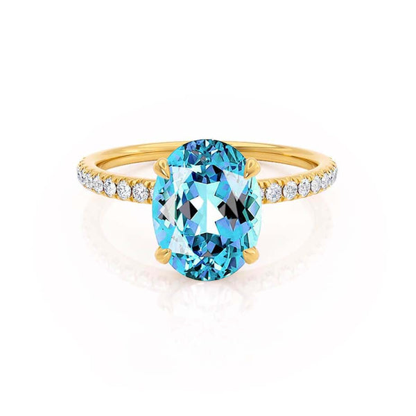 LIVELY - Chatham® Oval Aqua Spinel 18k Yellow Gold Petite Hidden Halo Pavé Shoulder Set Ring