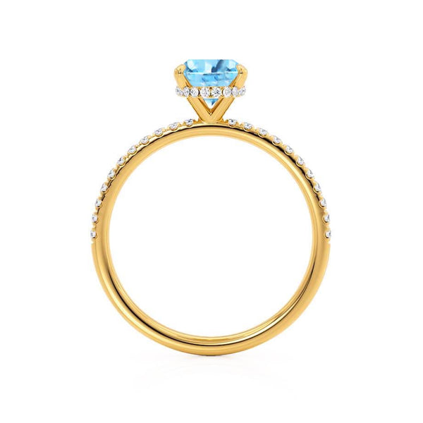 LIVELY - Chatham® Oval Aqua Spinel 18k Yellow Gold Petite Hidden Halo Pavé Shoulder Set Ring