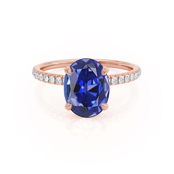 LIVELY - Chatham® Oval Blue Sapphire 18k Rose Gold Petite Hidden Halo Pavé Shoulder Set Ring