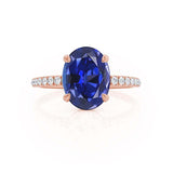 LIVELY - Chatham® Oval Blue Sapphire 18k Rose Gold Petite Hidden Halo Pavé Shoulder Set Ring