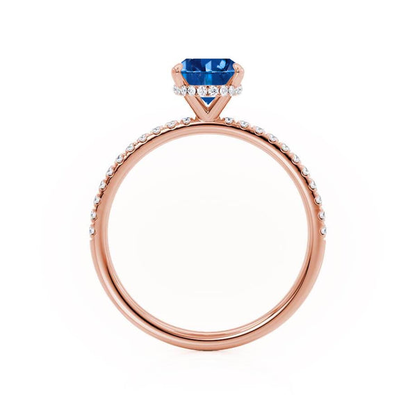 LIVELY - Chatham® Oval Blue Sapphire 18k Rose Gold Petite Hidden Halo Pavé Shoulder Set Ring