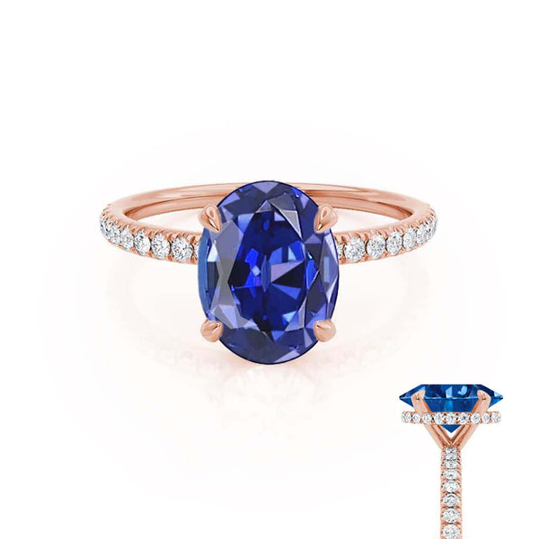 LIVELY - Chatham® Oval Blue Sapphire 18k Rose Gold Petite Hidden Halo Pavé Shoulder Set Ring
