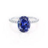 LIVELY - Chatham® Oval Blue Sapphire 950 Platinum Petite Hidden Halo Pavé Shoulder Set Ring