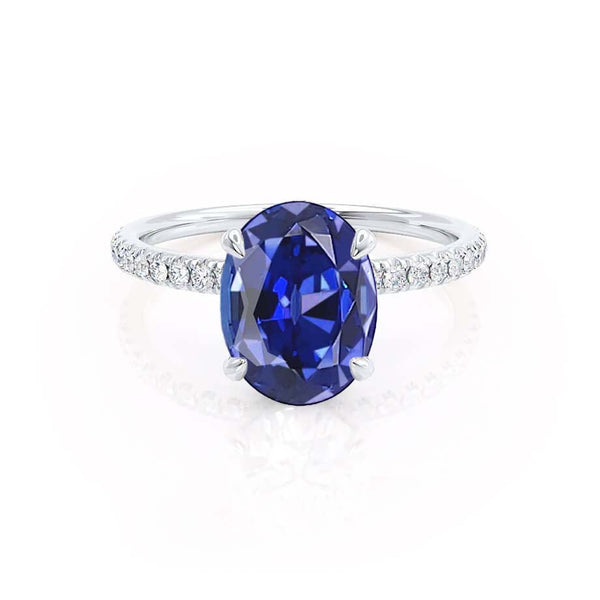 LIVELY - Chatham® Oval Blue Sapphire 950 Platinum Petite Hidden Halo Pavé Shoulder Set Ring