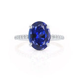 LIVELY - Chatham® Oval Blue Sapphire 950 Platinum Petite Hidden Halo Pavé Shoulder Set Ring