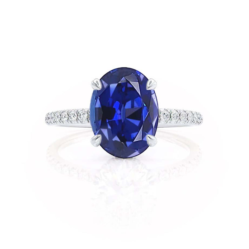 LIVELY - Chatham® Oval Blue Sapphire 18k White Gold Petite Hidden Halo Pavé Shoulder Set Ring