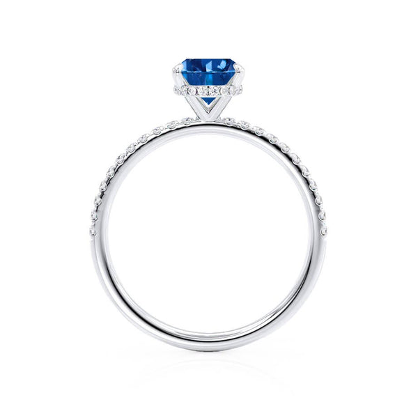 LIVELY - Chatham® Oval Blue Sapphire 18k White Gold Petite Hidden Halo Pavé Shoulder Set Ring