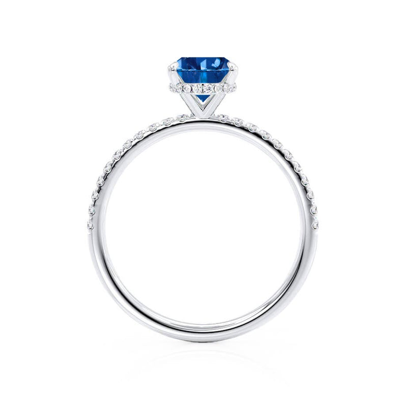 LIVELY - Chatham® Oval Blue Sapphire 950 Platinum Petite Hidden Halo Pavé Shoulder Set Ring