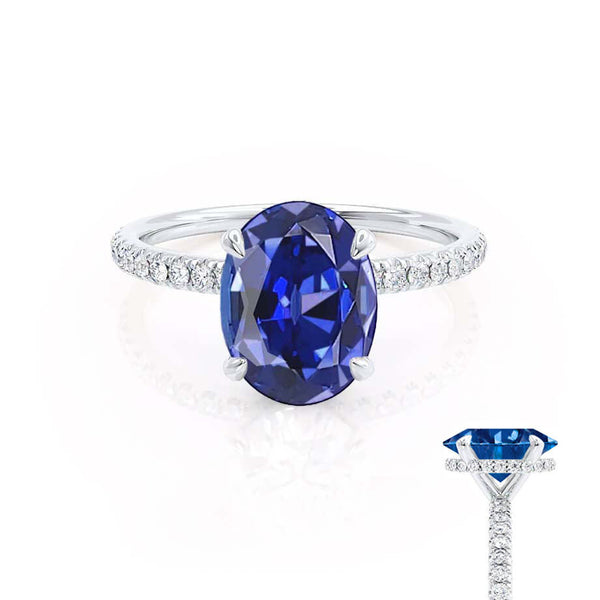 LIVELY - Chatham® Oval Blue Sapphire 18k White Gold Petite Hidden Halo Pavé Shoulder Set Ring