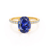 LIVELY - Chatham® Oval Blue Sapphire 18k Yellow Gold Petite Hidden Halo Pavé Shoulder Set Ring