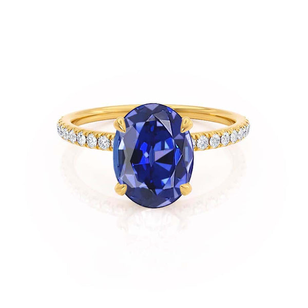 LIVELY - Chatham® Oval Blue Sapphire 18k Yellow Gold Petite Hidden Halo Pavé Shoulder Set Ring