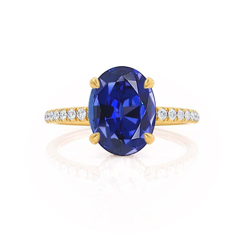 LIVELY - Chatham® Oval Blue Sapphire 18k Yellow Gold Petite Hidden Halo Pavé Shoulder Set Ring