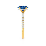 LIVELY - Chatham® Oval Blue Sapphire 18k Yellow Gold Petite Hidden Halo Pavé Shoulder Set Ring