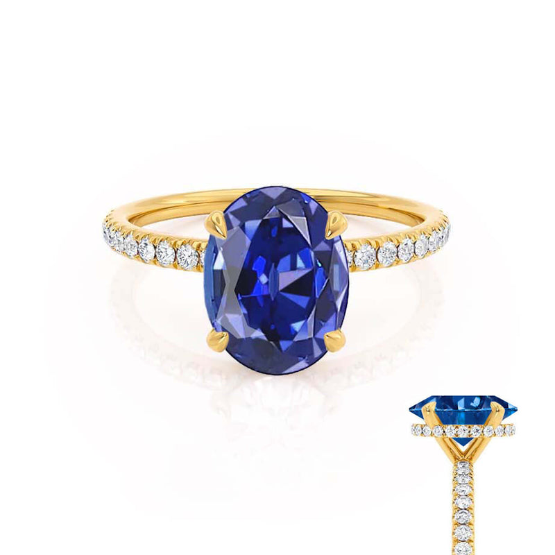 LIVELY - Chatham® Oval Blue Sapphire 18k Yellow Gold Petite Hidden Halo Pavé Shoulder Set Ring