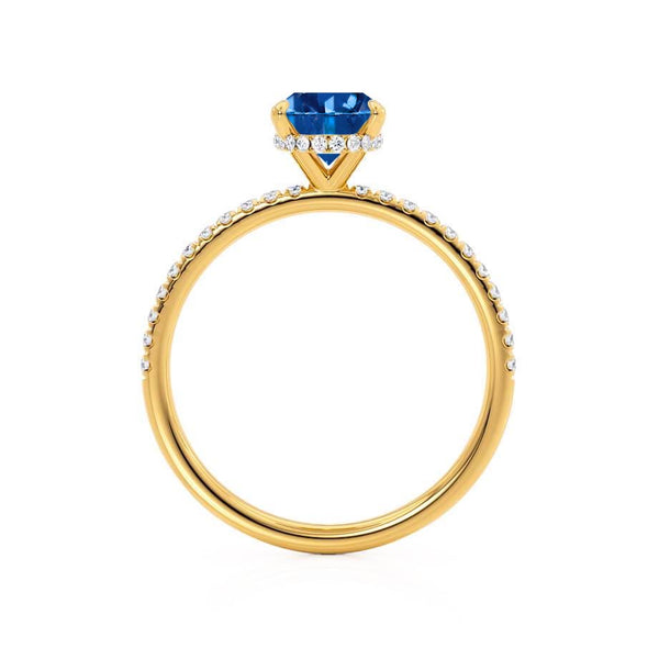 LIVELY - Chatham® Oval Blue Sapphire 18k Yellow Gold Petite Hidden Halo Pavé Shoulder Set Ring