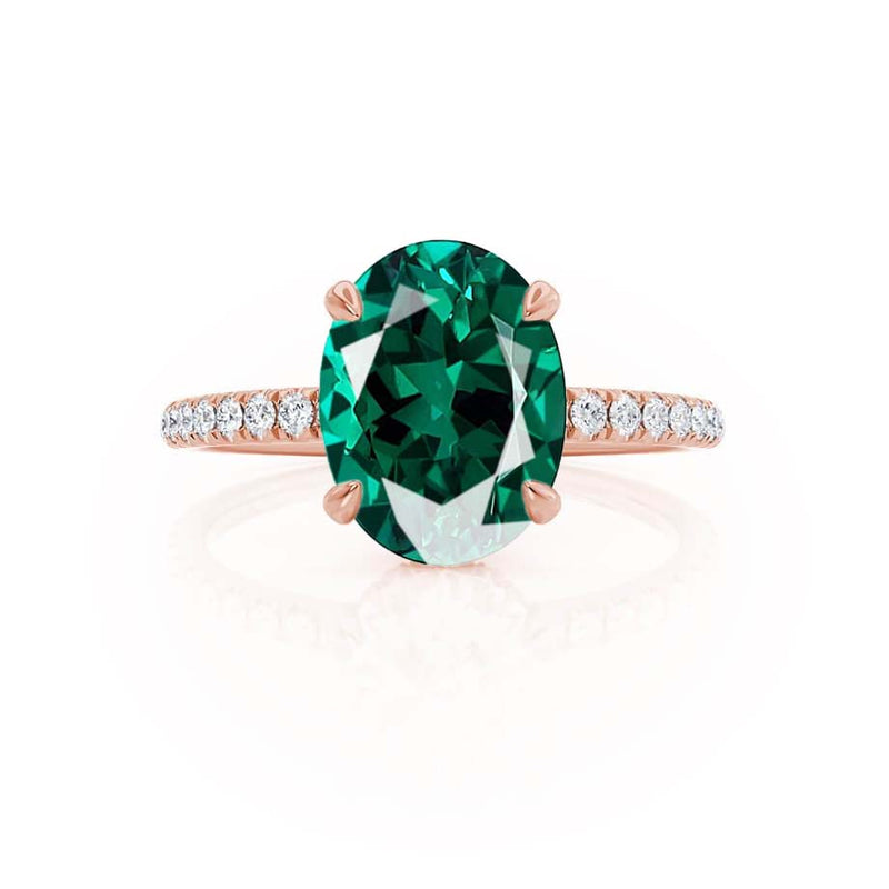 LIVELY - Chatham® Oval Emerald 18k Rose Gold Petite Hidden Halo Pavé Shoulder Set Ring