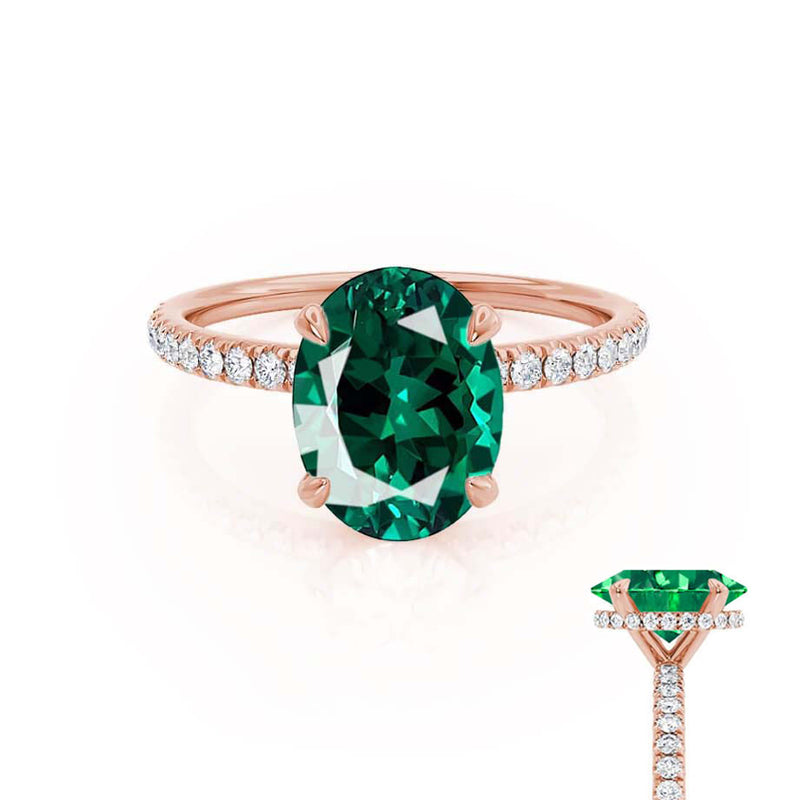 LIVELY - Chatham® Oval Emerald 18k Rose Gold Petite Hidden Halo Pavé Shoulder Set Ring