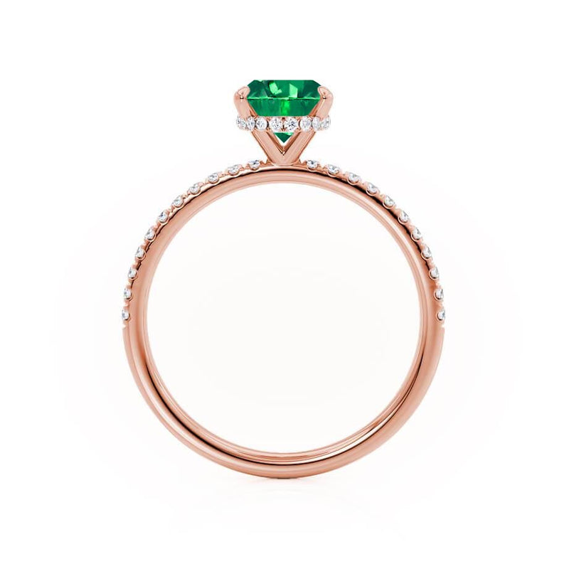 LIVELY - Chatham® Oval Emerald 18k Rose Gold Petite Hidden Halo Pavé Shoulder Set Ring