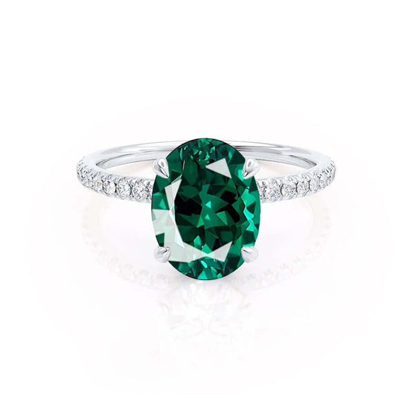 LIVELY - Chatham® Oval Emerald 950 Platinum Petite Hidden Halo Pavé Shoulder Set Ring