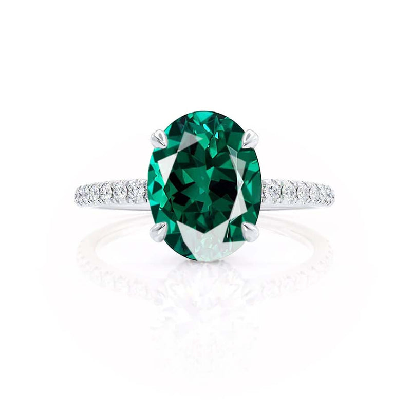 LIVELY - Chatham® Oval Emerald 18k White Gold Petite Hidden Halo Pavé Shoulder Set Ring