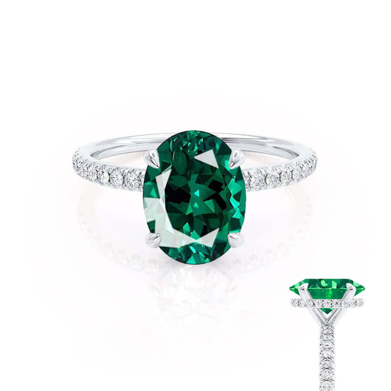 LIVELY - Chatham® Oval Emerald 950 Platinum Petite Hidden Halo Pavé Shoulder Set Ring