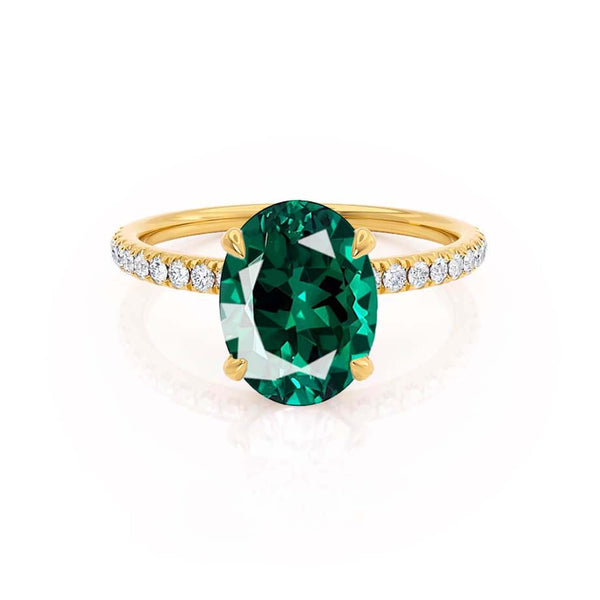 LIVELY - Chatham® Oval Emerald 18k Yellow Gold Petite Hidden Halo Pavé Shoulder Set Ring