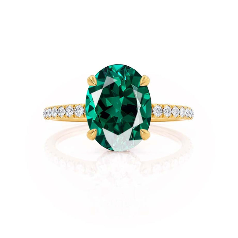 LIVELY - Chatham® Oval Emerald 18k Yellow Gold Petite Hidden Halo Pavé Shoulder Set Ring