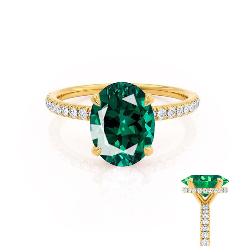 LIVELY - Chatham® Oval Emerald 18k Yellow Gold Petite Hidden Halo Pavé Shoulder Set Ring