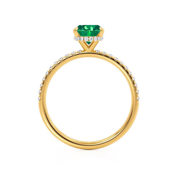 LIVELY - Chatham® Oval Emerald 18k Yellow Gold Petite Hidden Halo Pavé Shoulder Set Ring