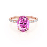 LIVELY - Chatham® Oval Pink Sapphire 18k Rose Gold Petite Hidden Halo Pavé Shoulder Set Ring