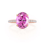 LIVELY - Chatham® Oval Pink Sapphire 18k Rose Gold Petite Hidden Halo Pavé Shoulder Set Ring